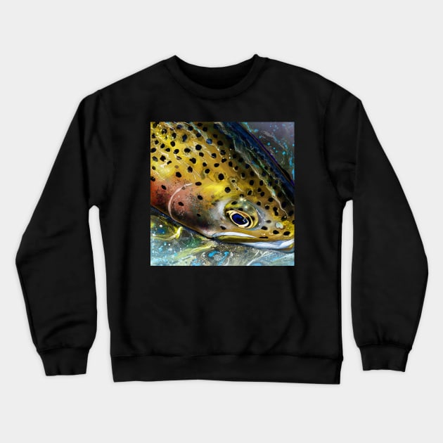 Mountain Streams Rainbow Trout Head Painting Crewneck Sweatshirt by fishweardesigns